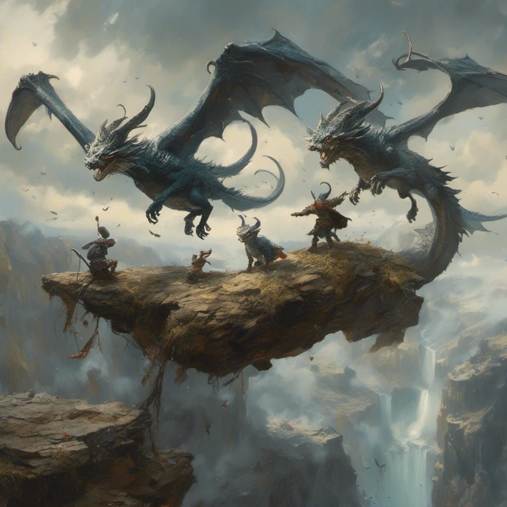 Wyverns Attack Elf and Orc on Cliff Ledge