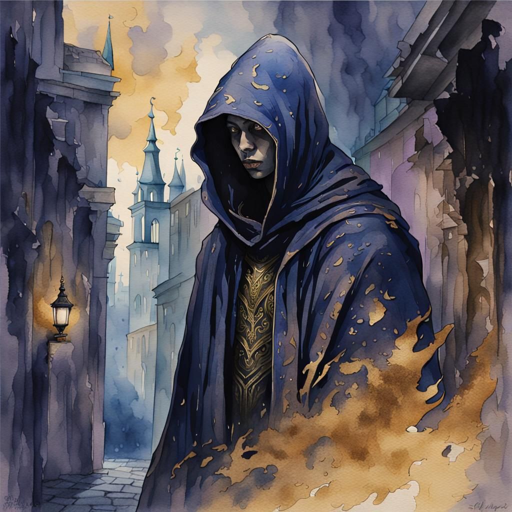 Hooded Figure in Ruined City: Watercolor Portrait