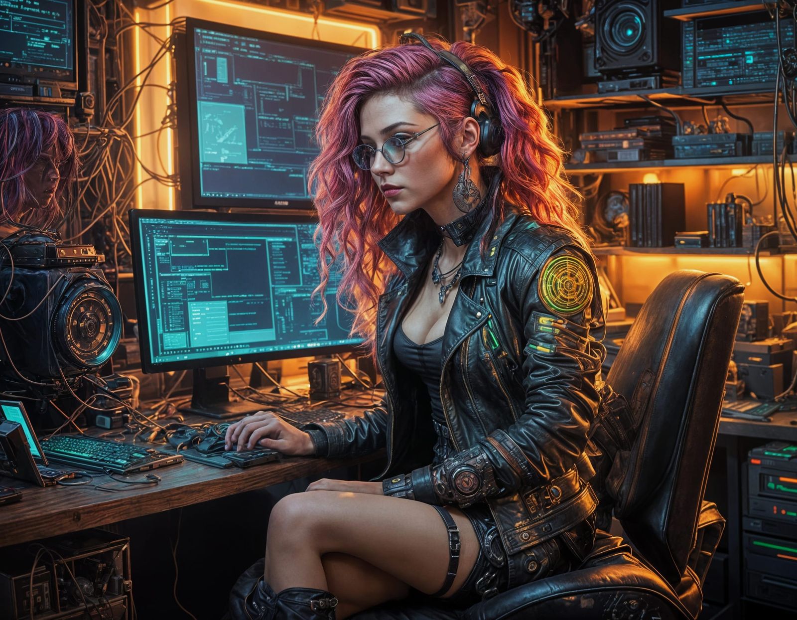 Cyberpunk Hacker in Apartment, Art Nouveau Style