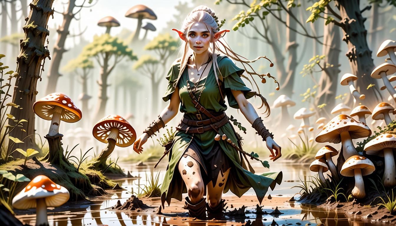 young fantasy elf girl, druidic aesthetic, dirty with dried mud and dirt, frolicking in a muddy swamp playing with mushr...