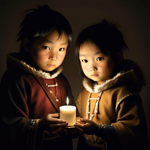 Inuit Children Portrait by Candlelight in Old Master Style