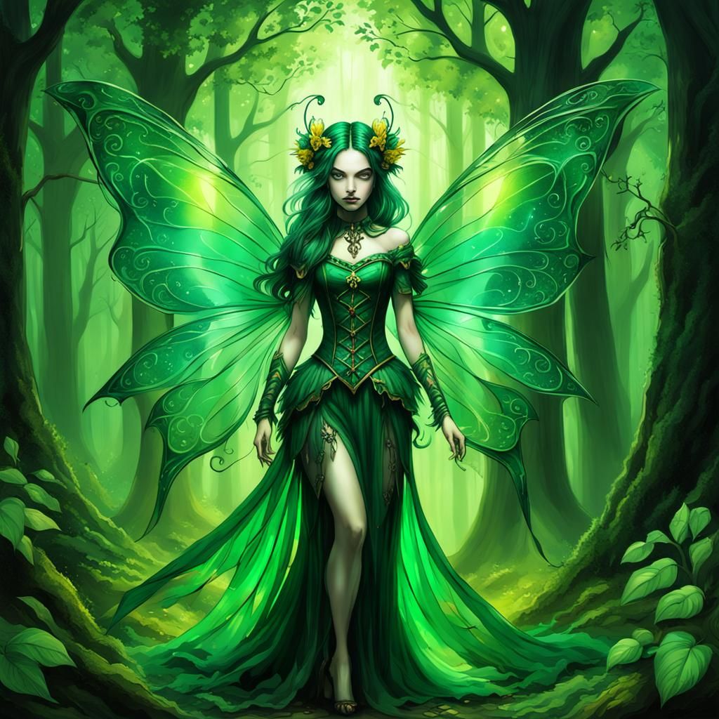 Emerald Fairy in Gothic Fantasy Forest