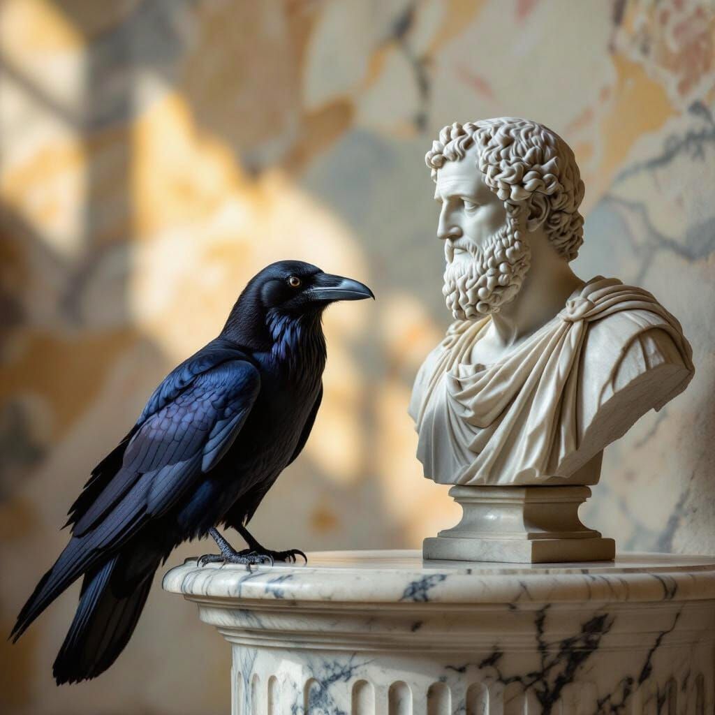 Raven Listening to Aristotle Bust in Dramatic Renaissance St...