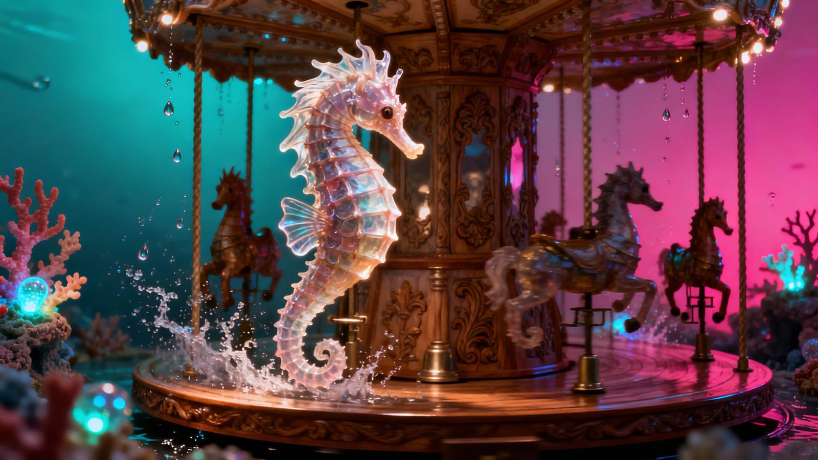 Hyperrealistic Seahorse Carousel With Dramatic Lighting