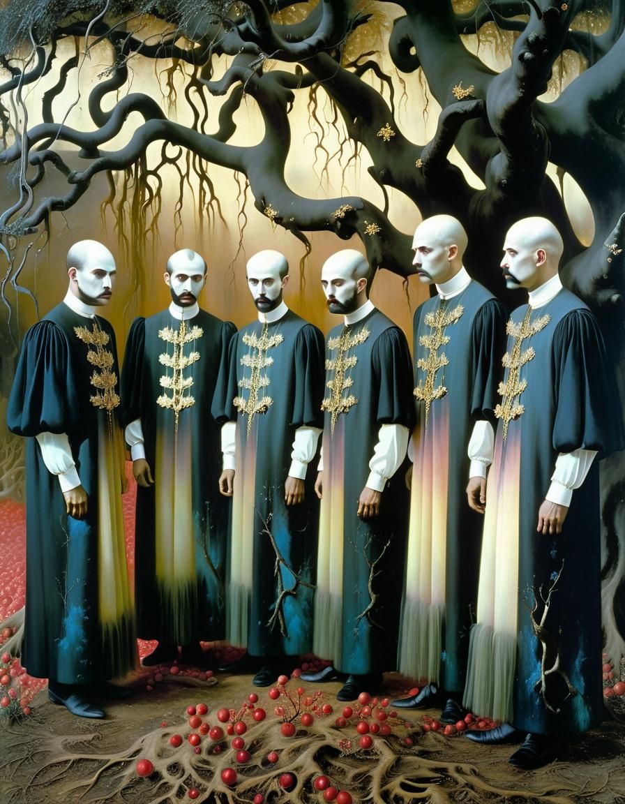 Five Robust Gentlemen in Lavish Gowns, in the Style of Surre...