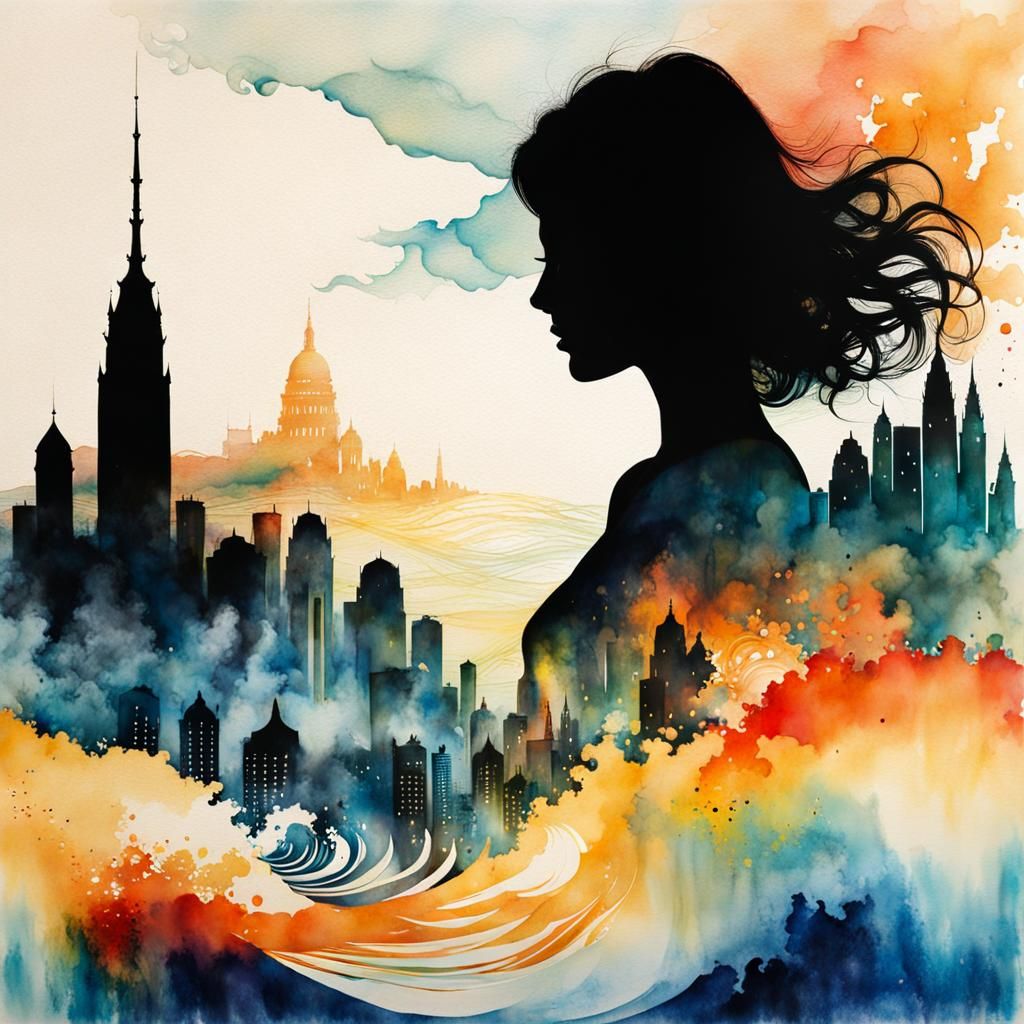 City Meets Ocean: Double Exposure in Ink Wash