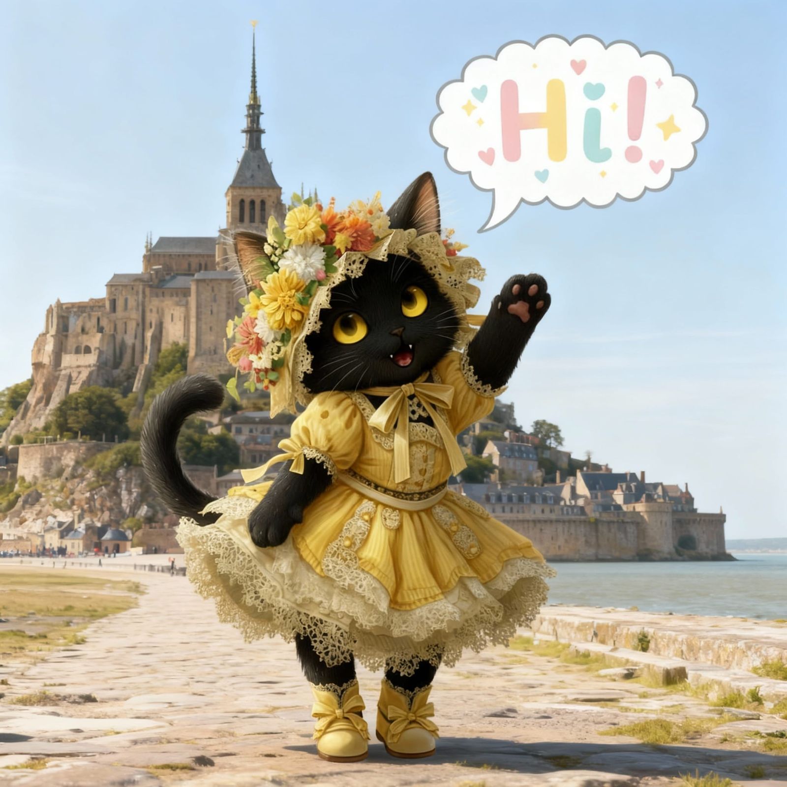 Cute Catgirl Waving Hello in Pastel Style