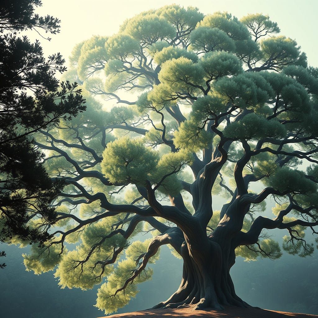 Majestic Hinoki Scheinzypresse Tree in Gouache Style