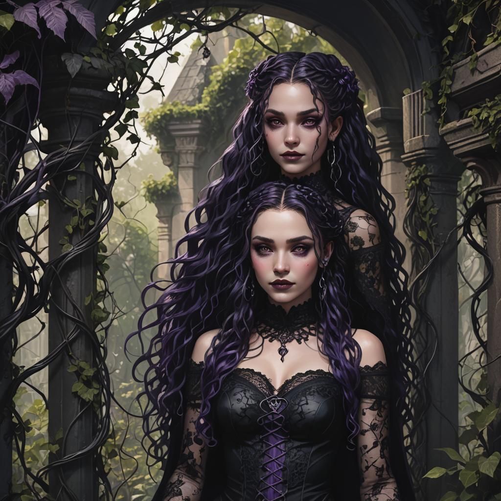 Gothic Fantasy Women in Shadowy Alcove