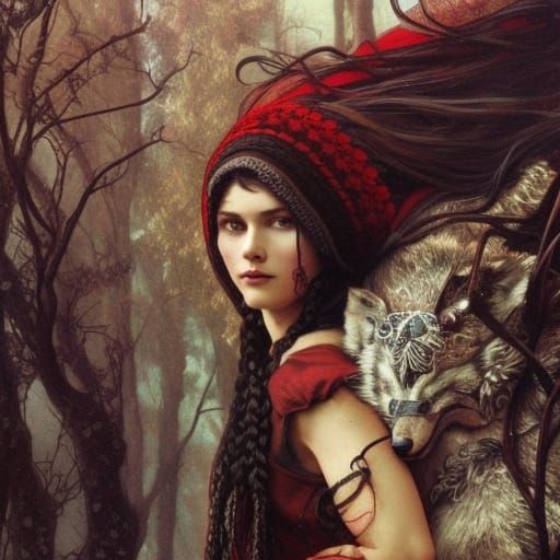 Red Riding Hood Hugging Wolf in Art Nouveau Style