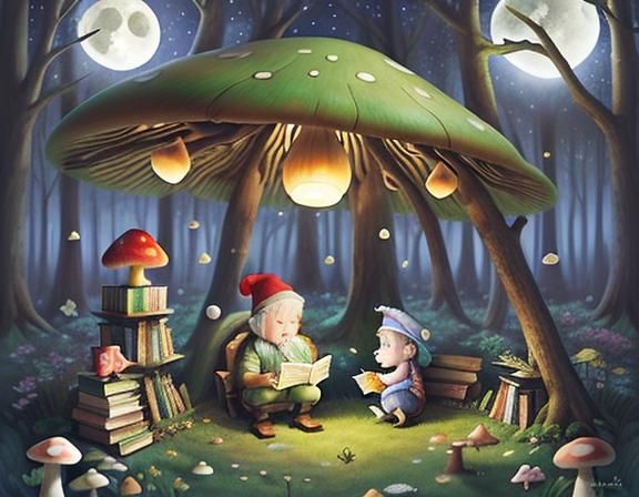 Gnome Reading in Mushroom Library Illustration