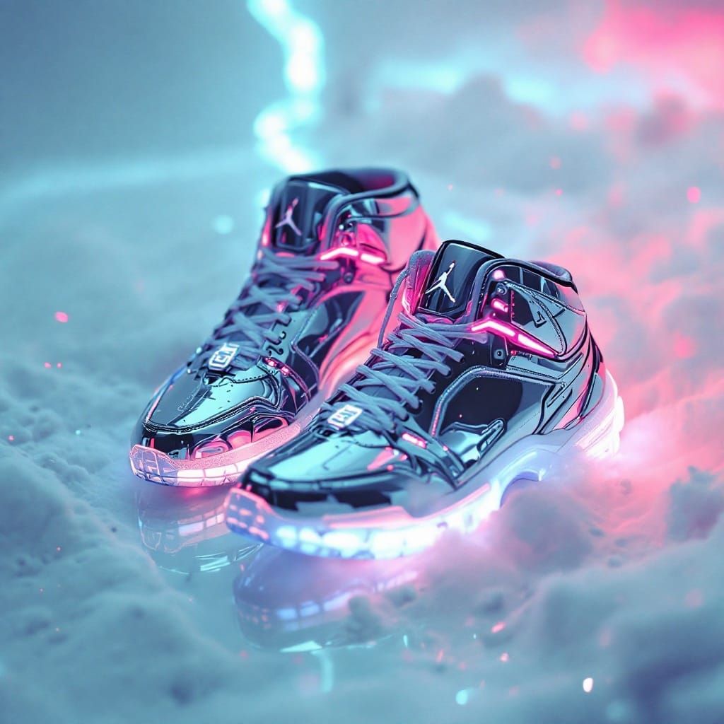 Futuristic Silver Air Jordans on White: Cinematic Style