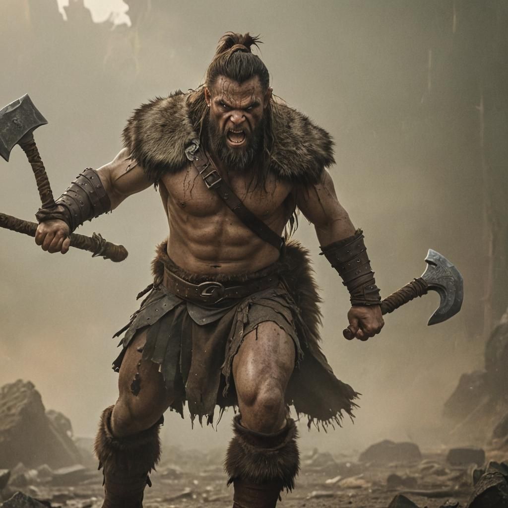 Furious Orc Barbarian in Post-Apocalyptic Landscape