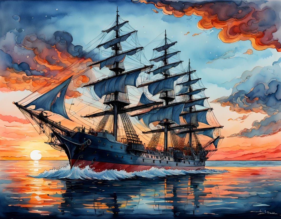 Santa Estrella Frigate at Sunset: Watercolor Painting