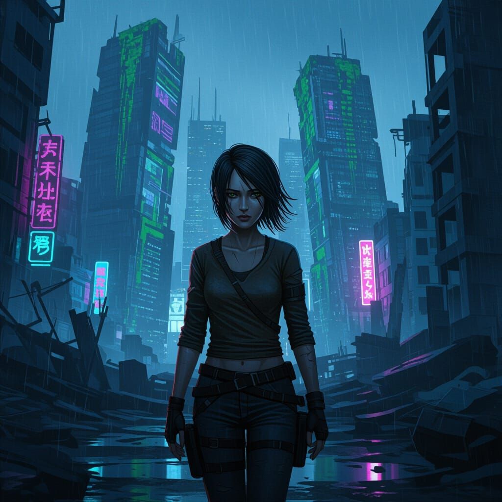 Melancholic Anime Girl in Ruined Cyberpunk City