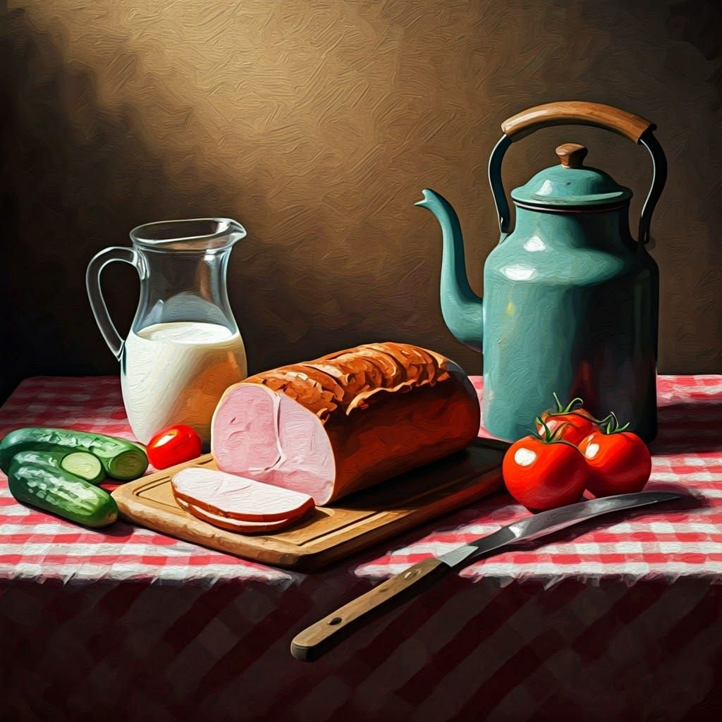 A simple watercolor - a ruddy loaf is lying on a red checker...