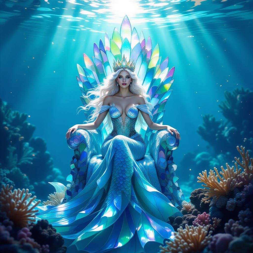 Ethereal Mermaid Queen on Coral Throne of Sea Glass