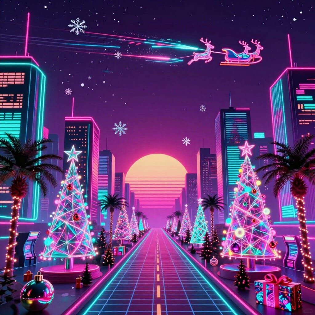 Retro-Futuristic Christmas Cityscape in Synthwave Style