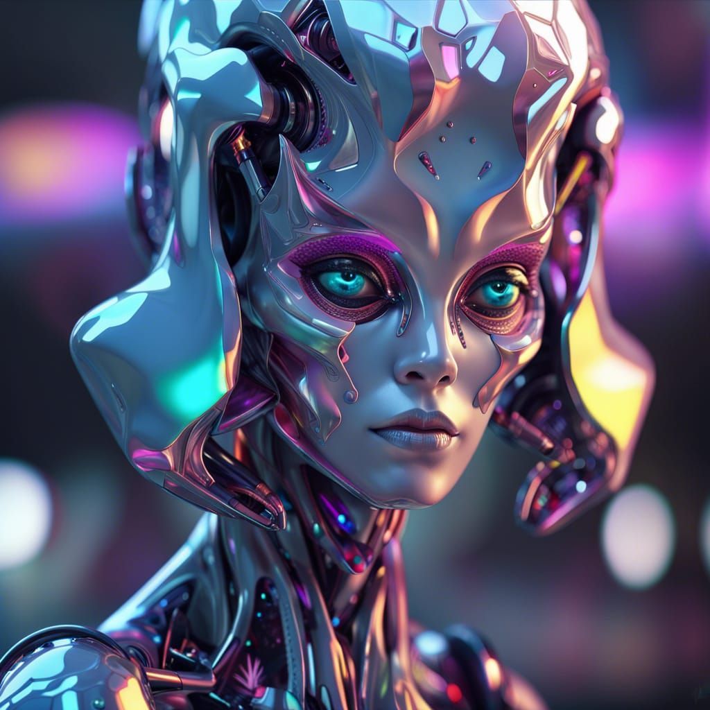 front shot of a trippycute alien!!!! LSD psykedelika character, polished, glossy, holographic crystals, bionic futurism,...