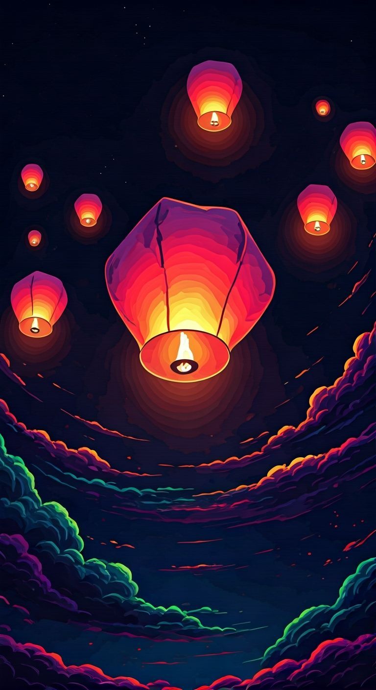 Vibrant Sky Lanterns in Surreal Style