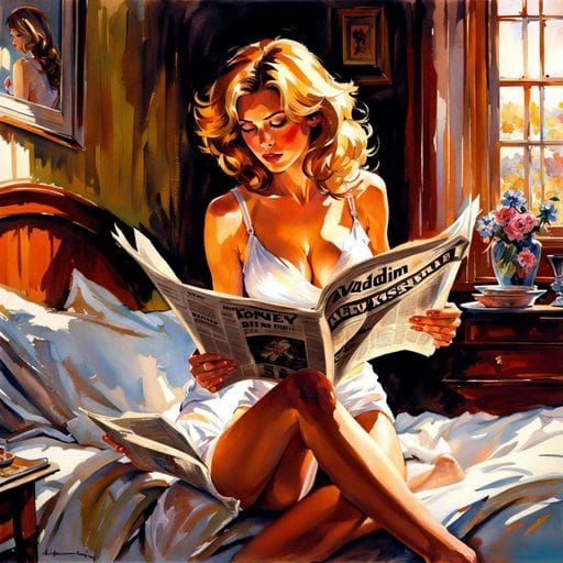 Hazel-Haired Woman Reading Newspaper, Splash Art Style