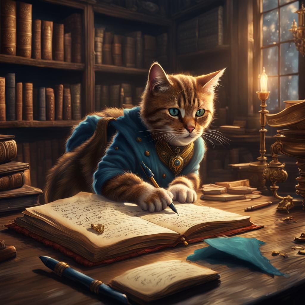 Cat Writes Memoir: Detailed Matte Painting in Deep Color