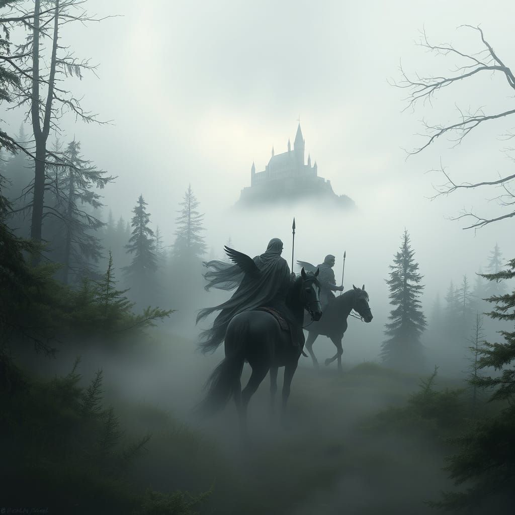Elven Riders Emerge From Misty Forest