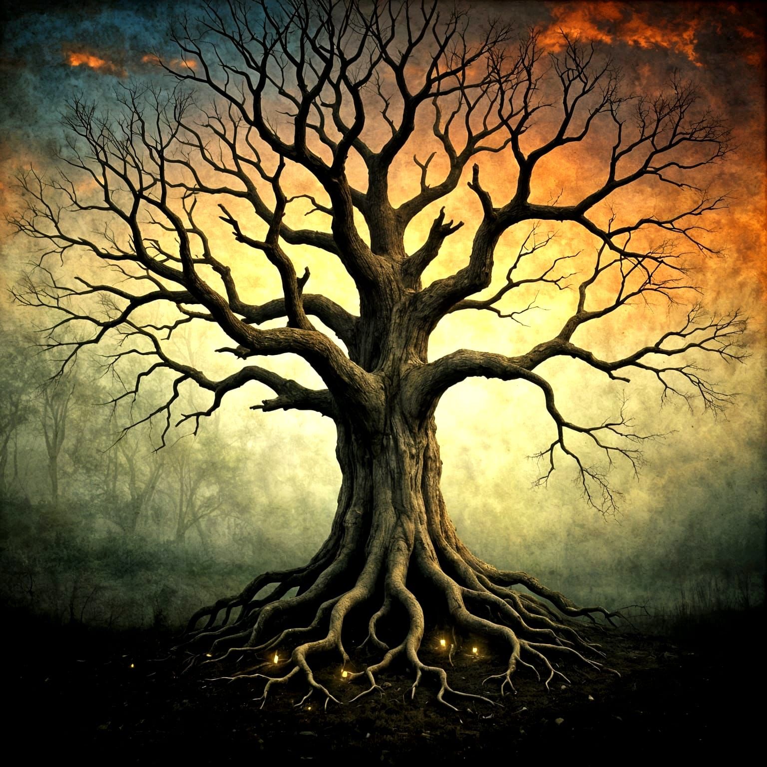 Ancient Oak Tree in Misty Clearing Under Twilight Sky