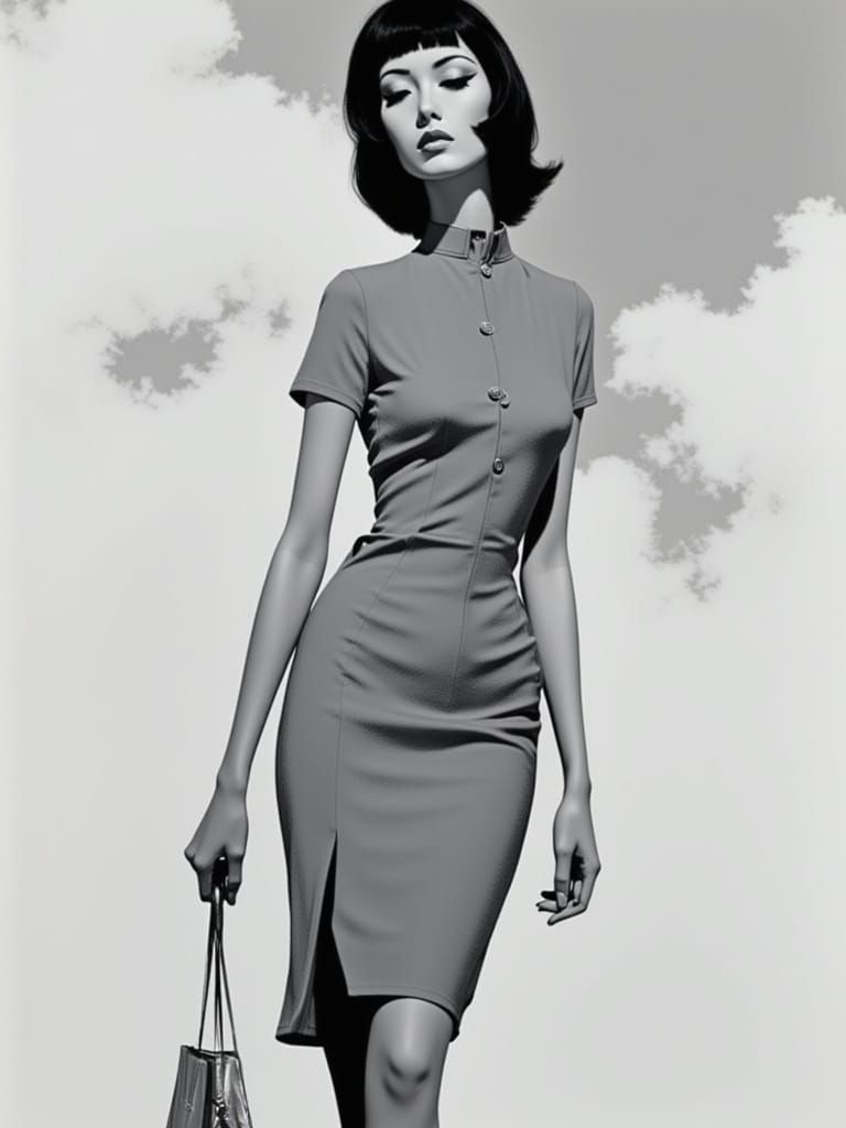 1960s Woman in Qipao Dress, Abstract Brutalist Style