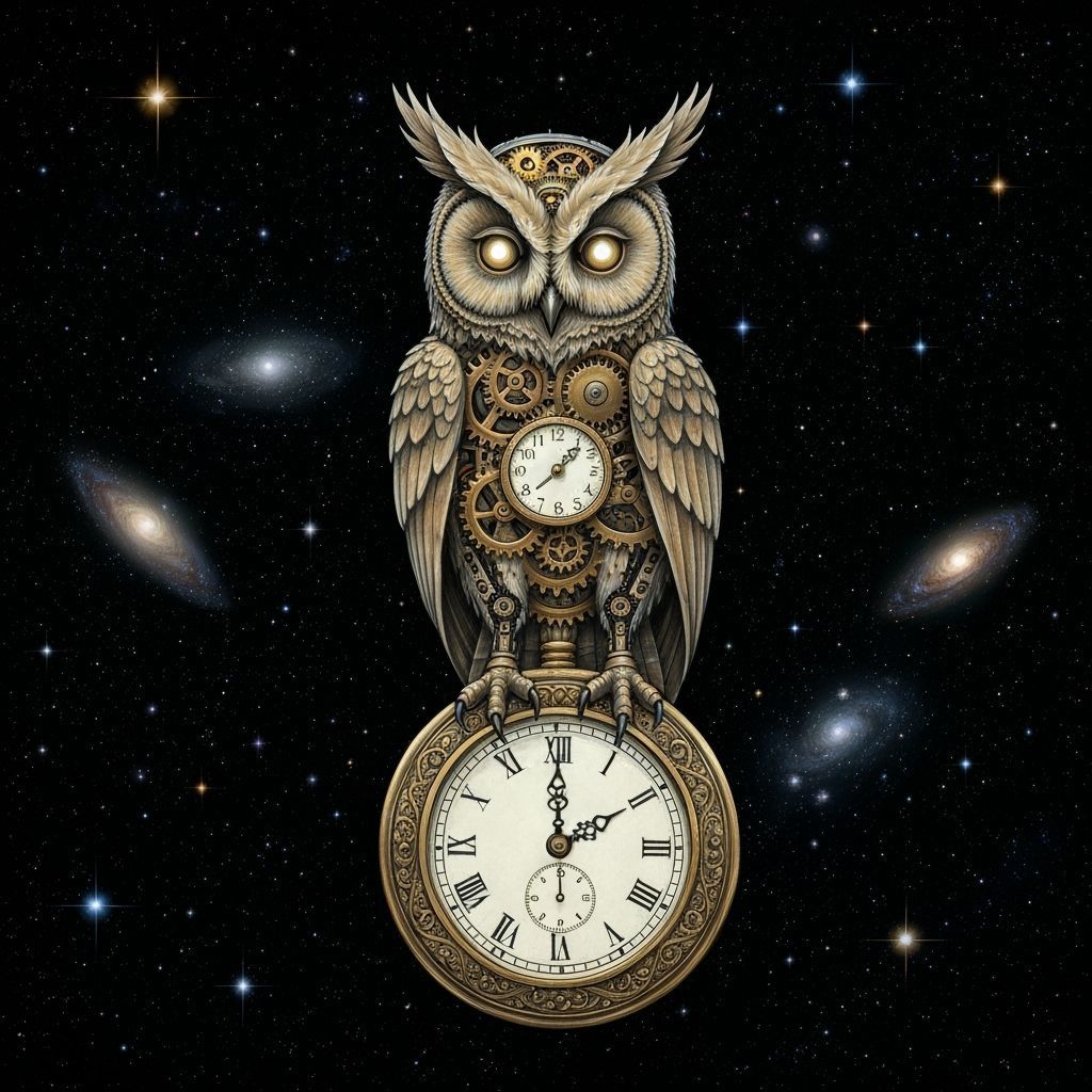 Clockwork Owl on Pocket Watch in Starry Void