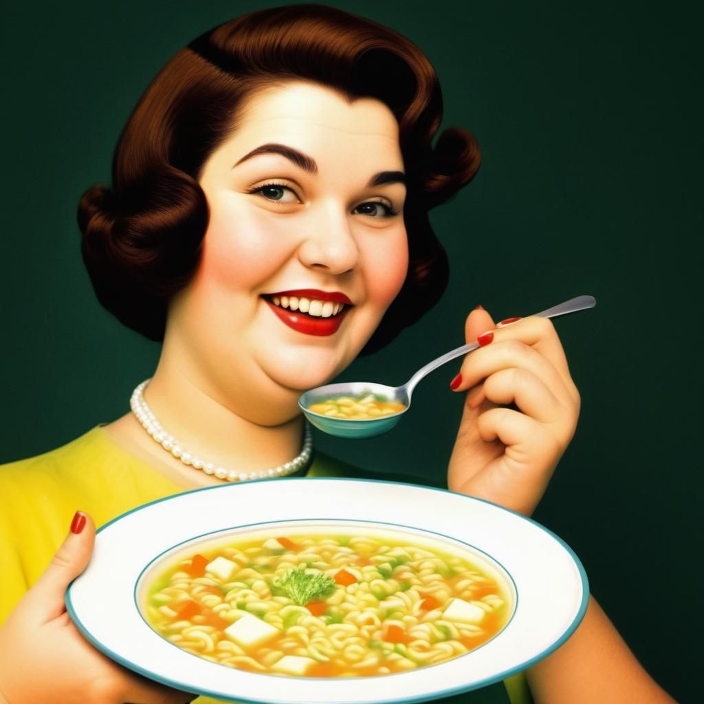 1950s Style Portrait of Woman with Vegetable Soup