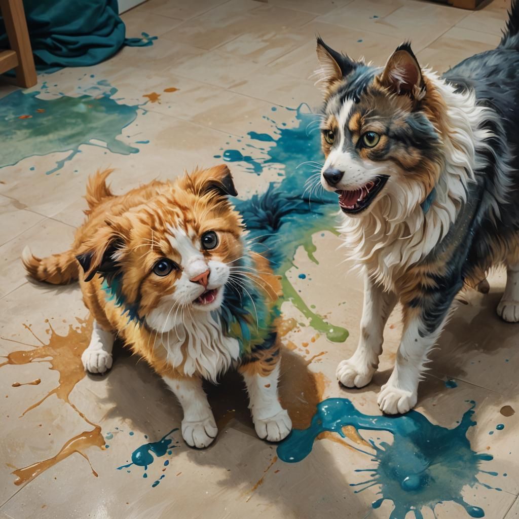 Hyper-Realistic Cat and Dog Playing on Floor