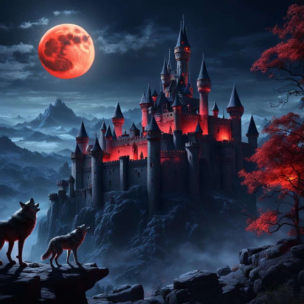 Werewolf Howling at the Moon Over Castle