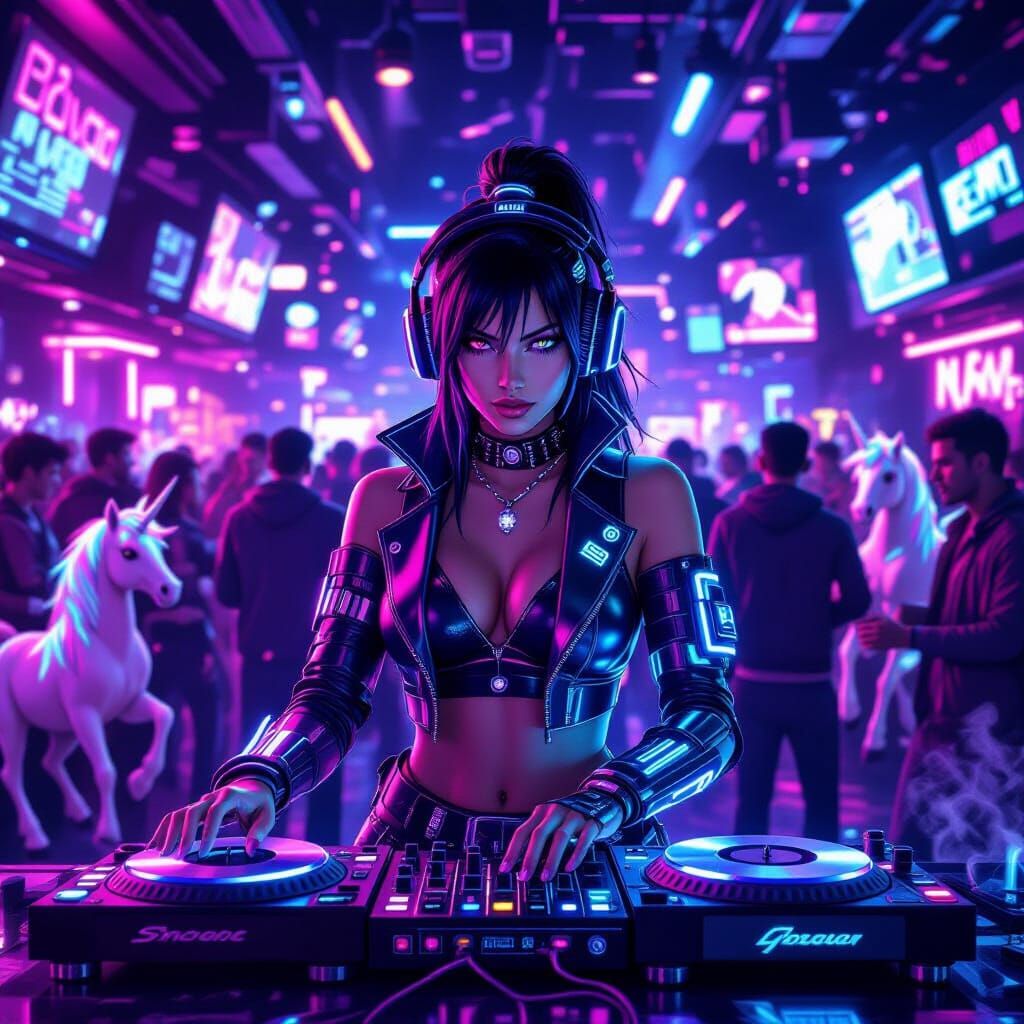 Vinyl Scratch Cyberpunk DJ in Neon Nightclub