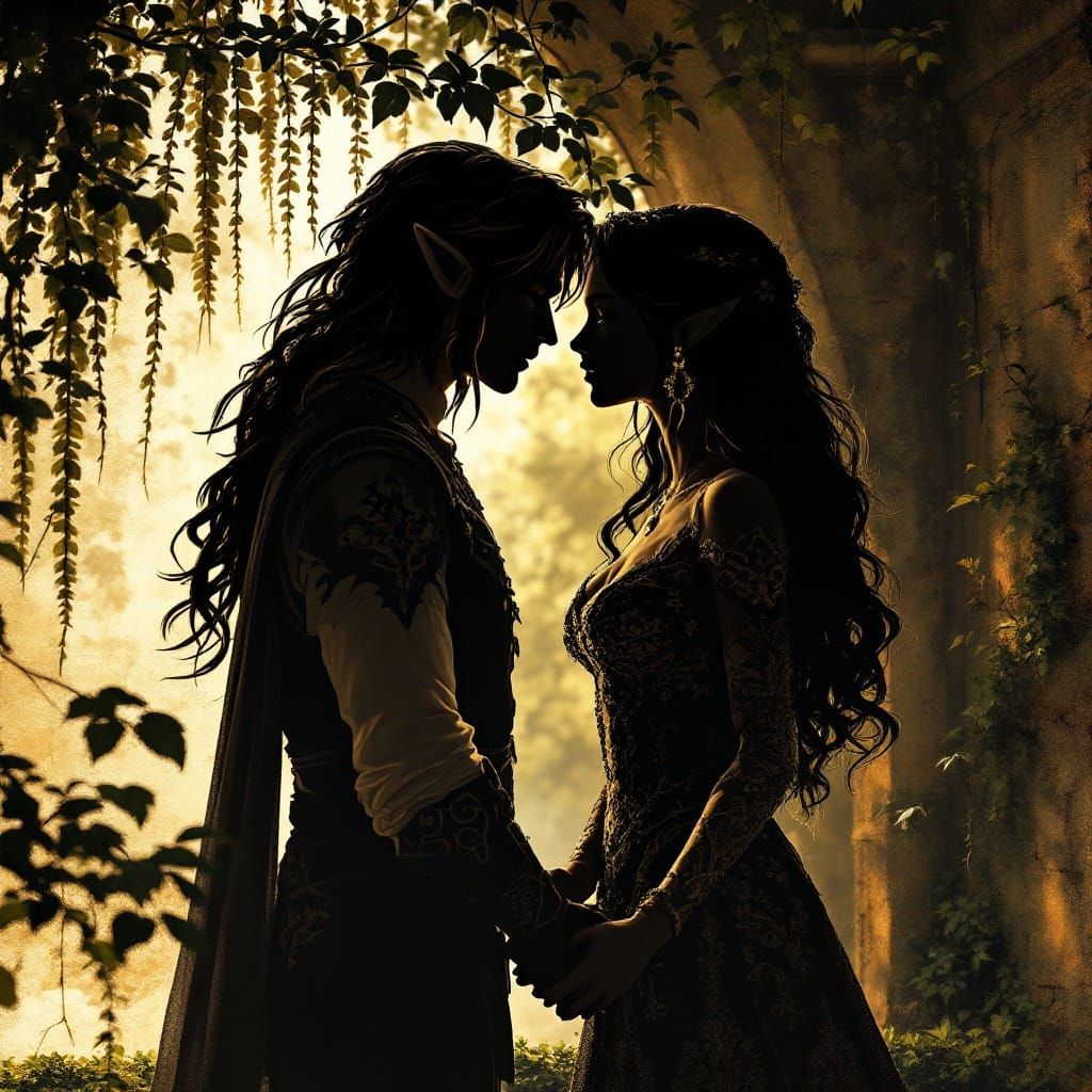 Surreal Silhouette Couple Share a Tender Kiss on a Weathered...