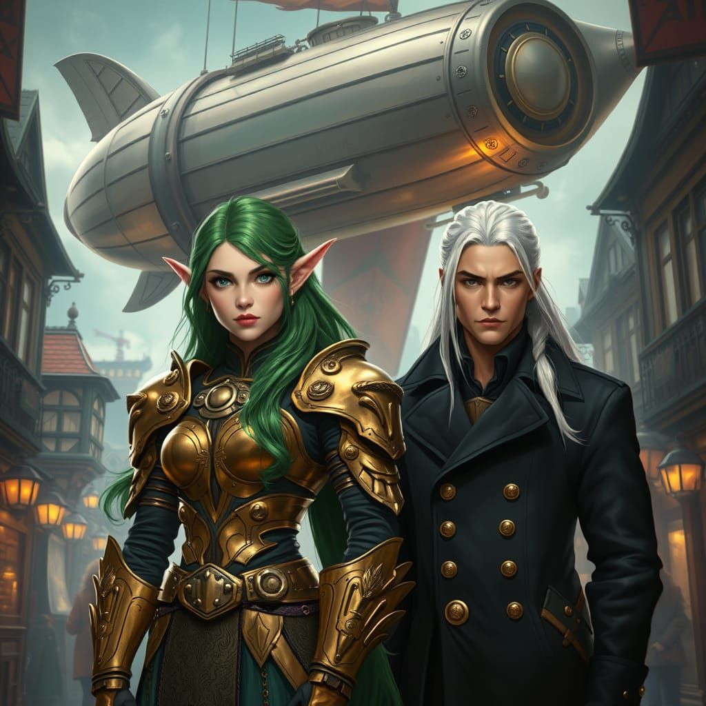 Elegant Female Elf Cavalier in Steampunk Marketplace