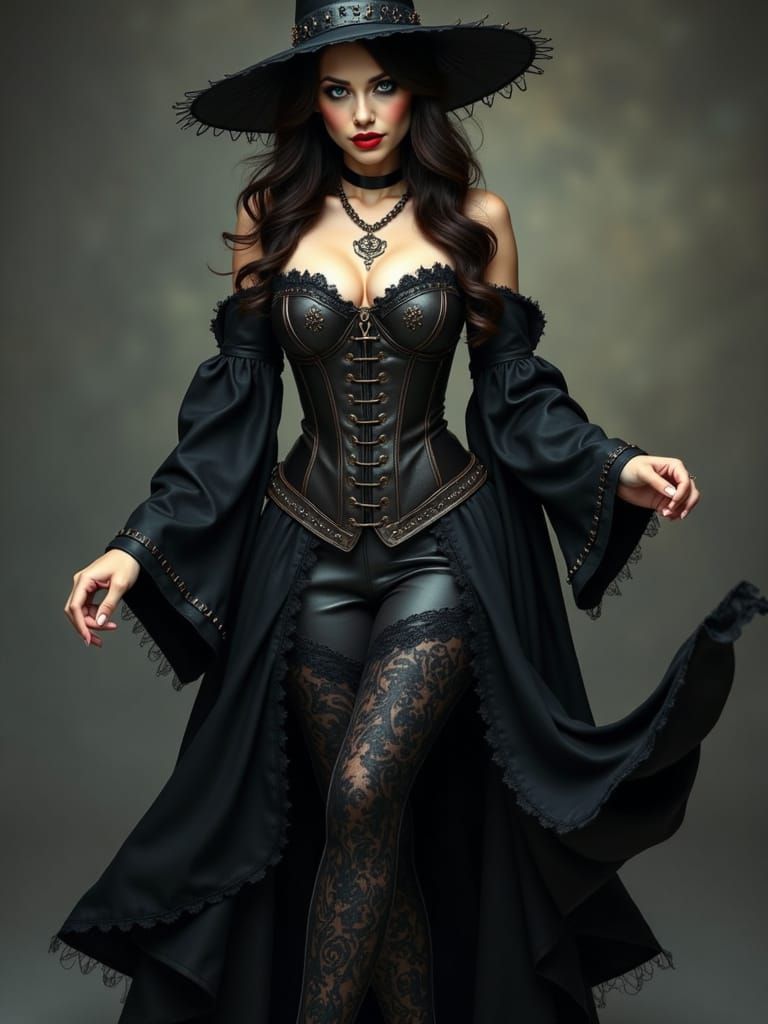Sultry Witch with Rune-Engraved Dress and Leather Corset
