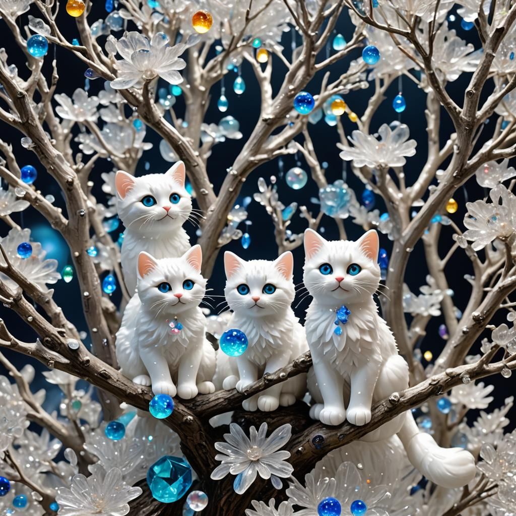 Bioluminescent Crystal Cats in Glass Art Style