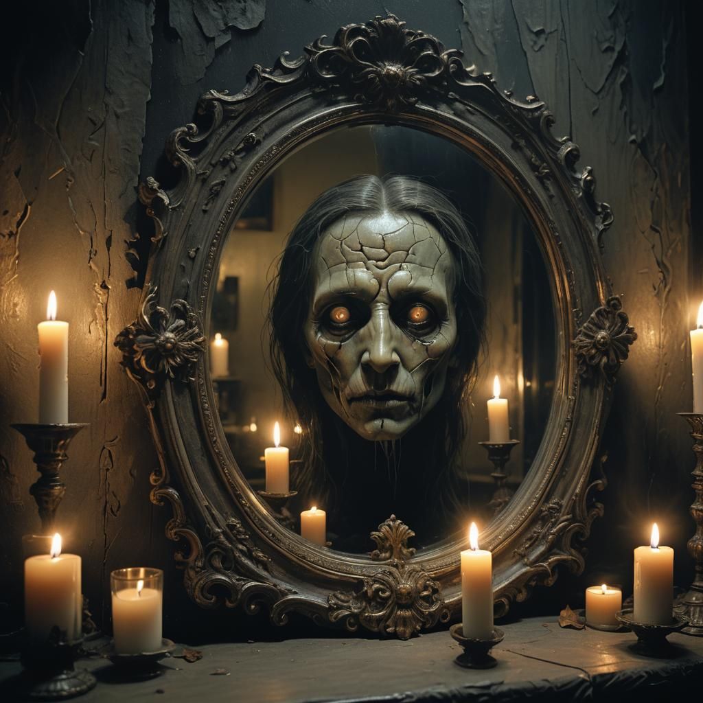 Ornate Mirror Reflecting Haunted Face in Surreal Style