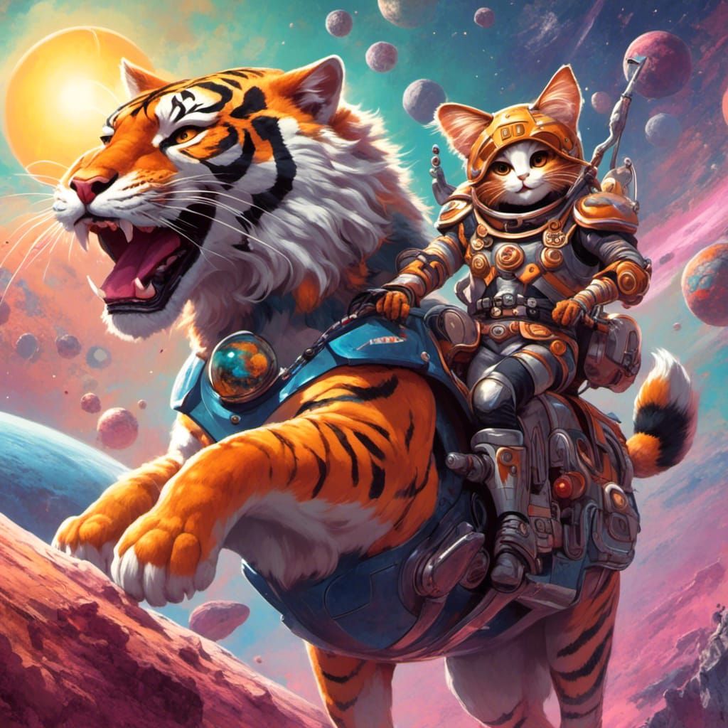 <lora:DDM4:1.0> An anthropomorphic racing  cat  knight wearing a spacesuit ,  holding a trophy, riding a huge   tiger  o...