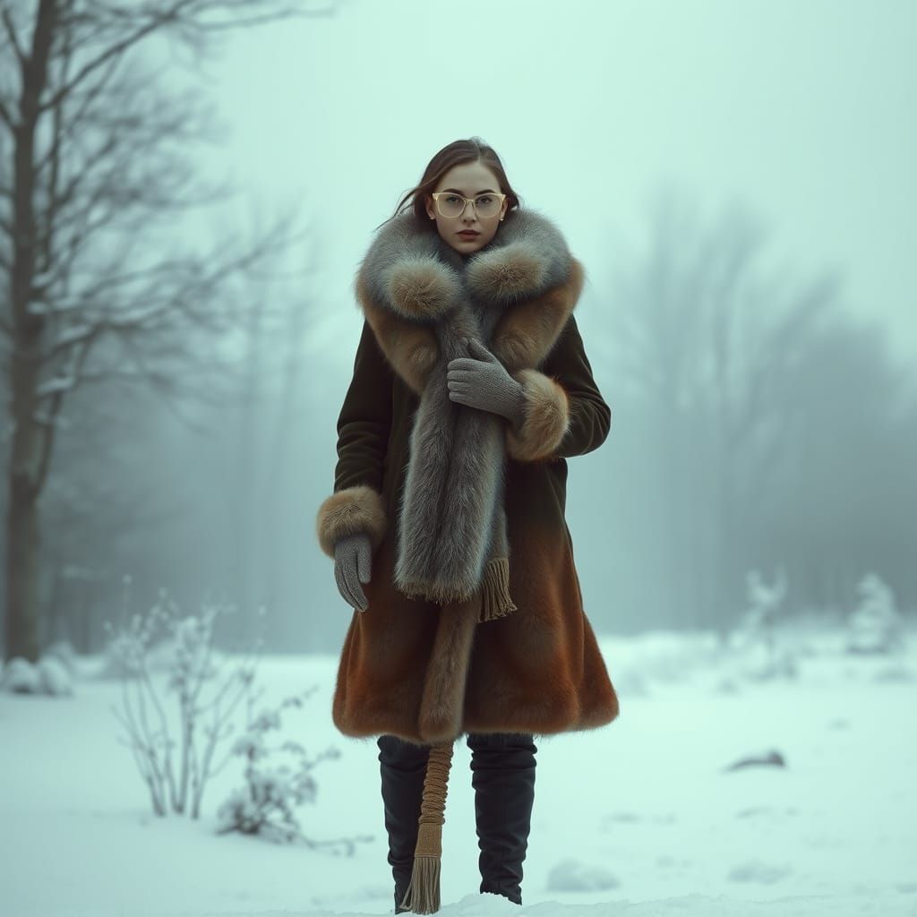Elegant Woman in Snowy Landscape, Stylized in Refined Aesthe...