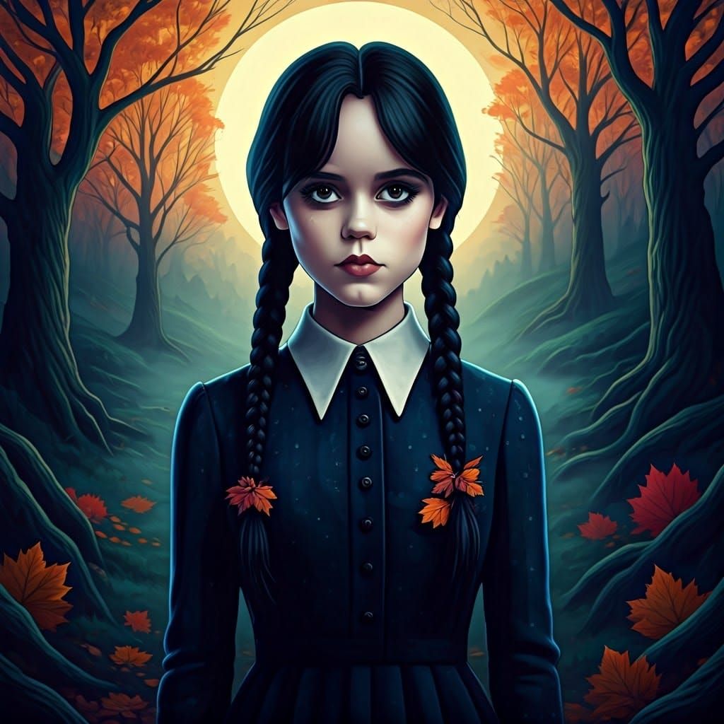 Wednesday Addams in Eerie Autumn Landscape