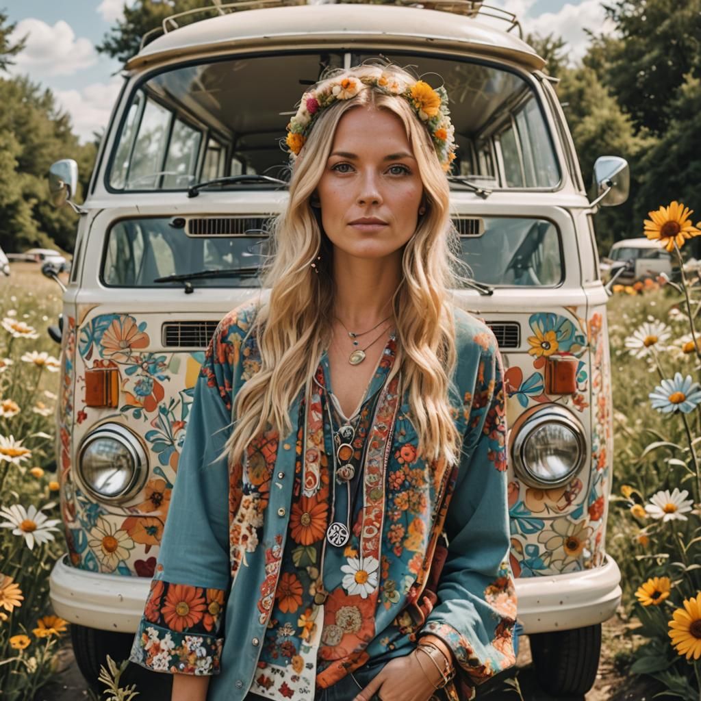 Blonde woman in hippy clothing with a VW bus.