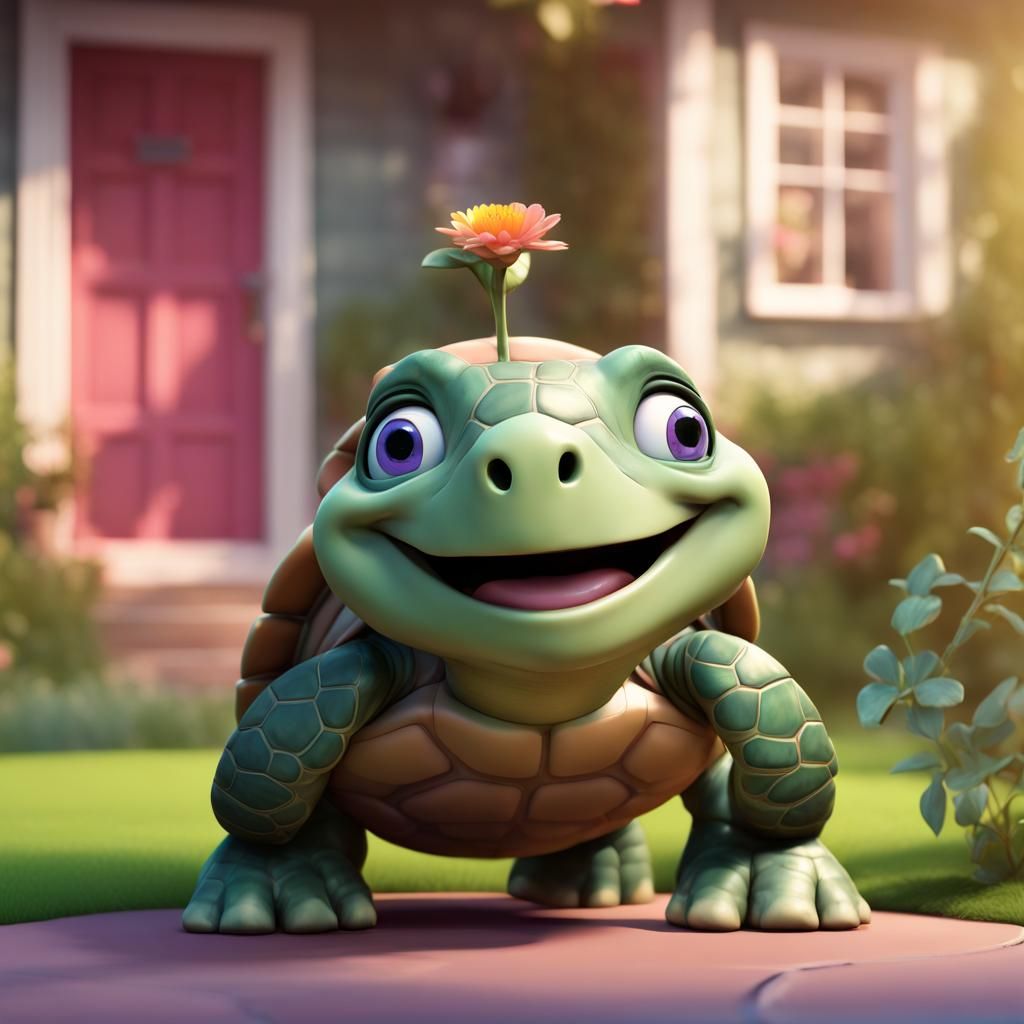 Smiling Turtle with Broken Shell: 3D Digital Art