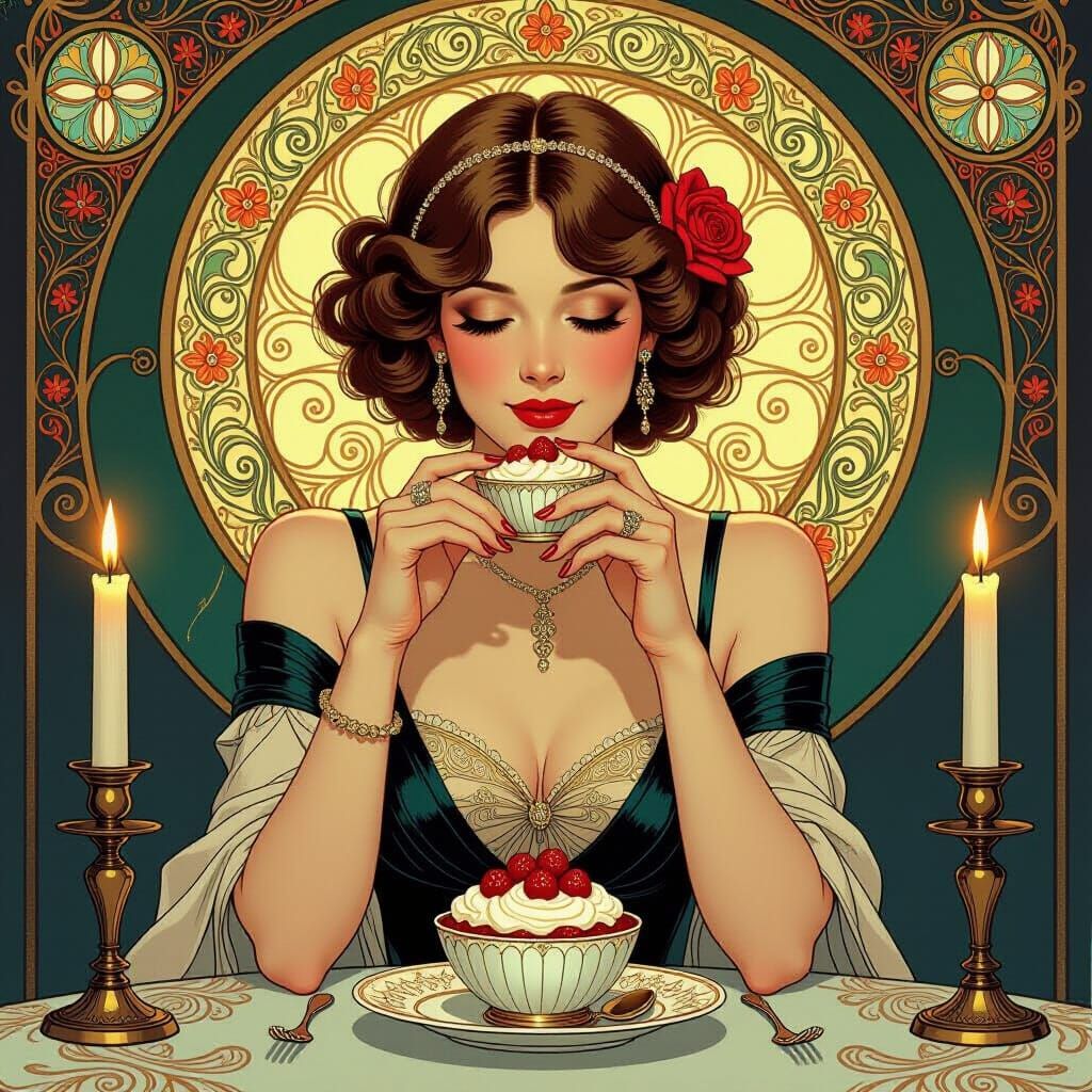 Elegant Woman Enjoys Dessert in Candlelight, Art Nouveau Sty...