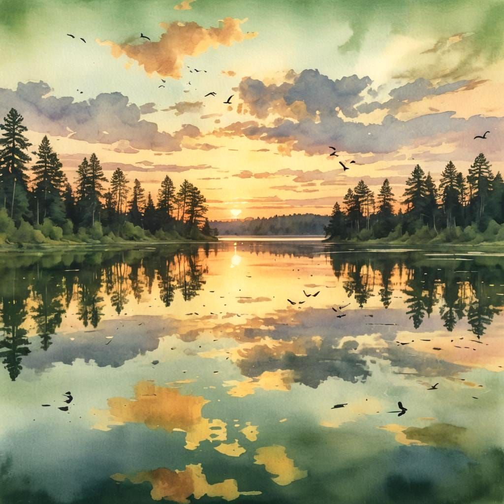 Golden Sunset Over Tranquil Lake in Watercolor