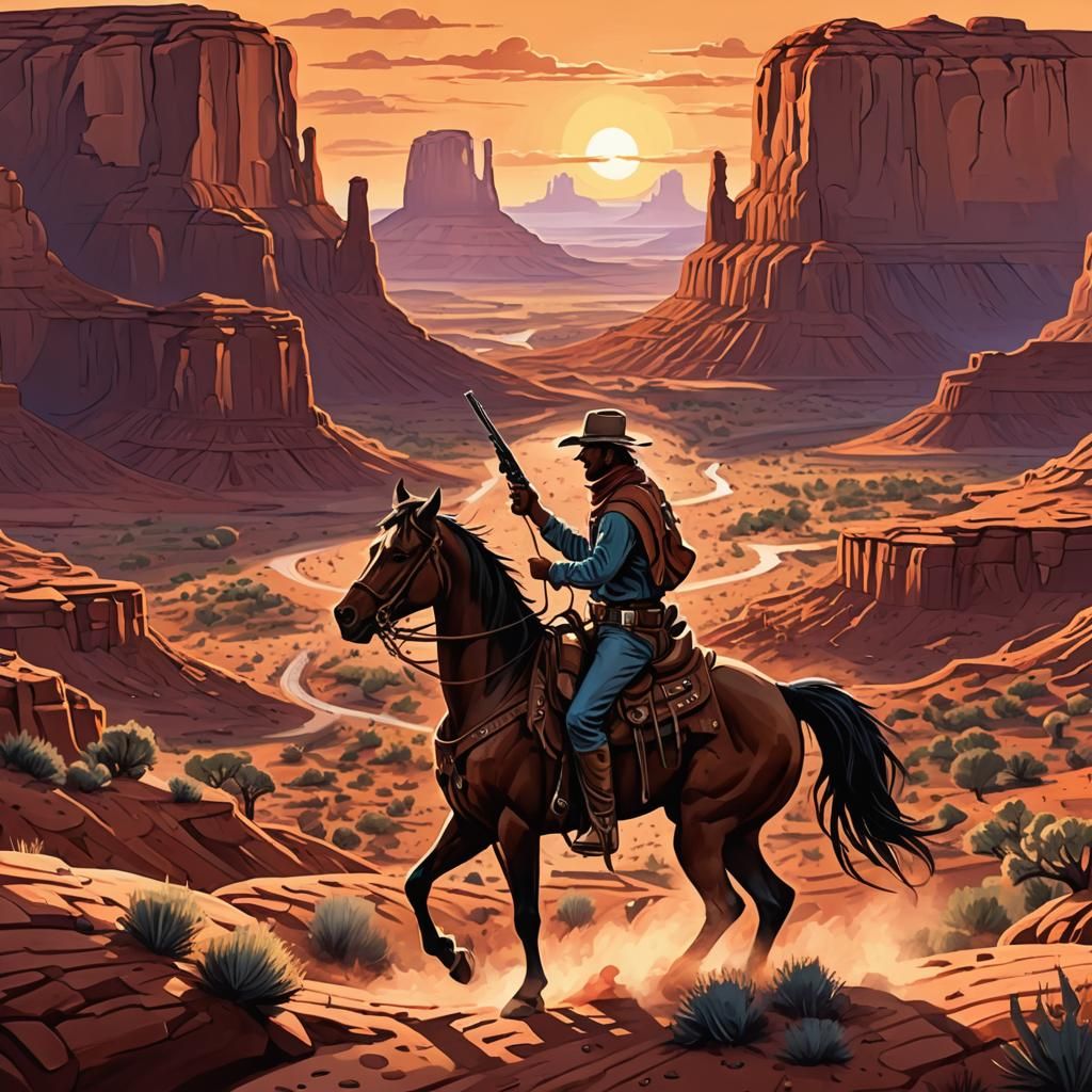 Cowboy Sunset in Monument Valley: Digital Art