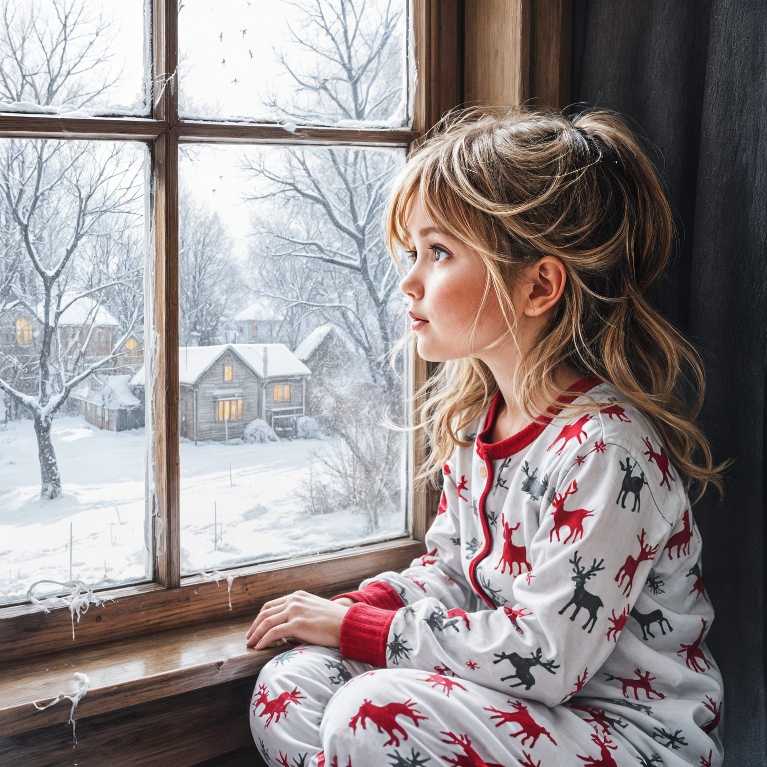 Girl in Christmas Pajamas on Rainy Day