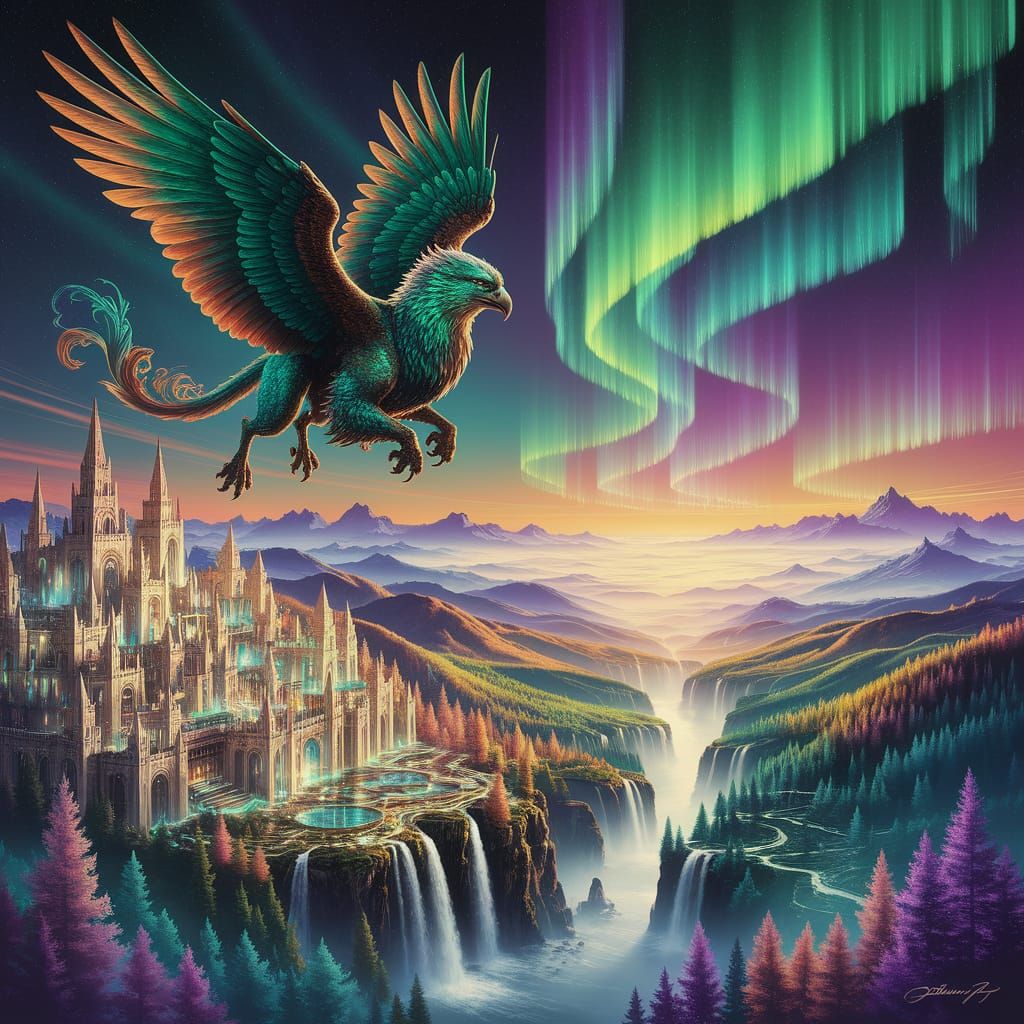 Griffin Soaring Through Aurora Sky as Digital Art