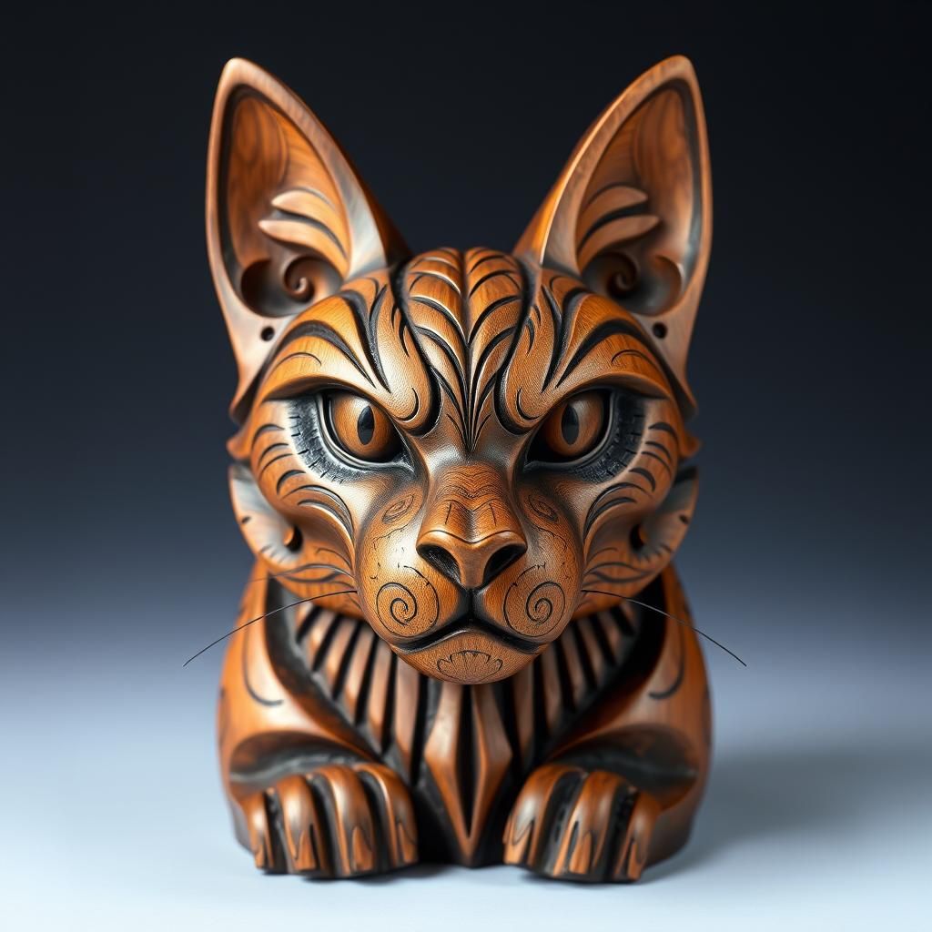 Maori Wooden Carving of a Beautiful Cat